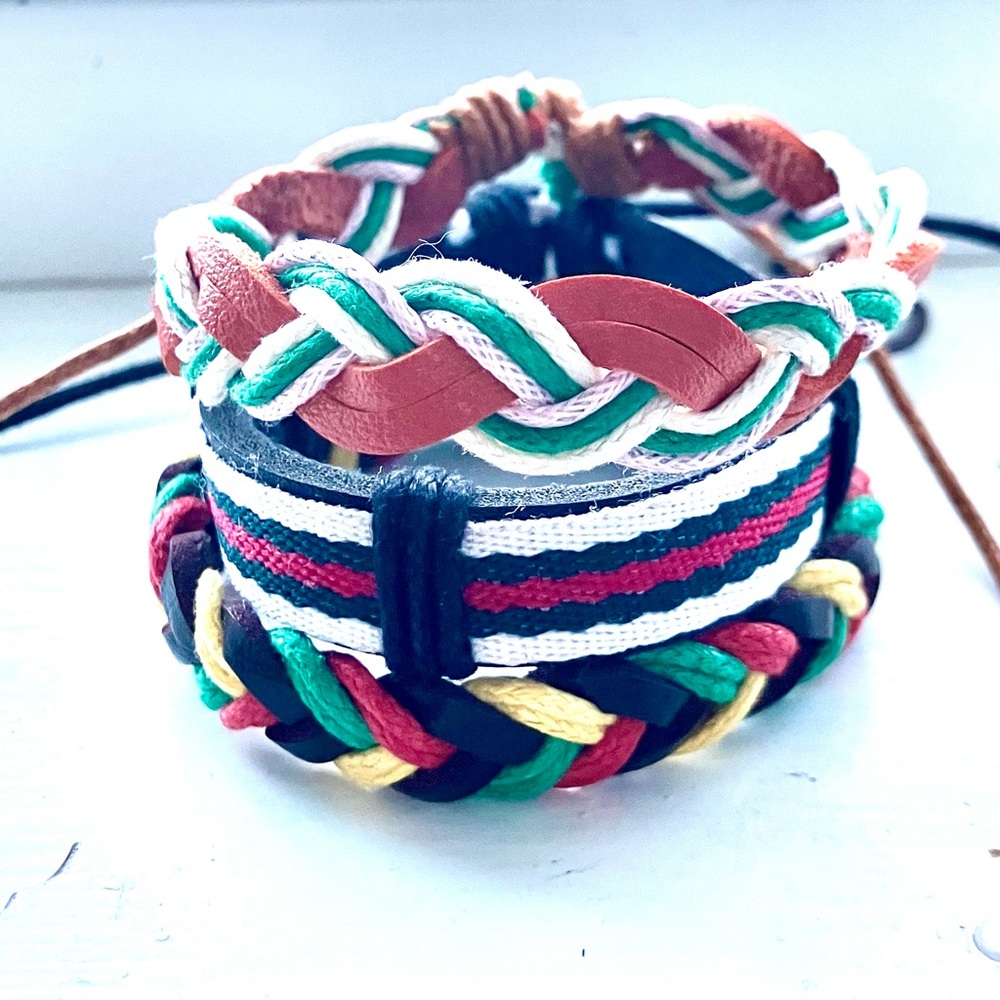 Lot of 3 Leather and Cloth Tie Bracelets unisex green orange brown NWOT